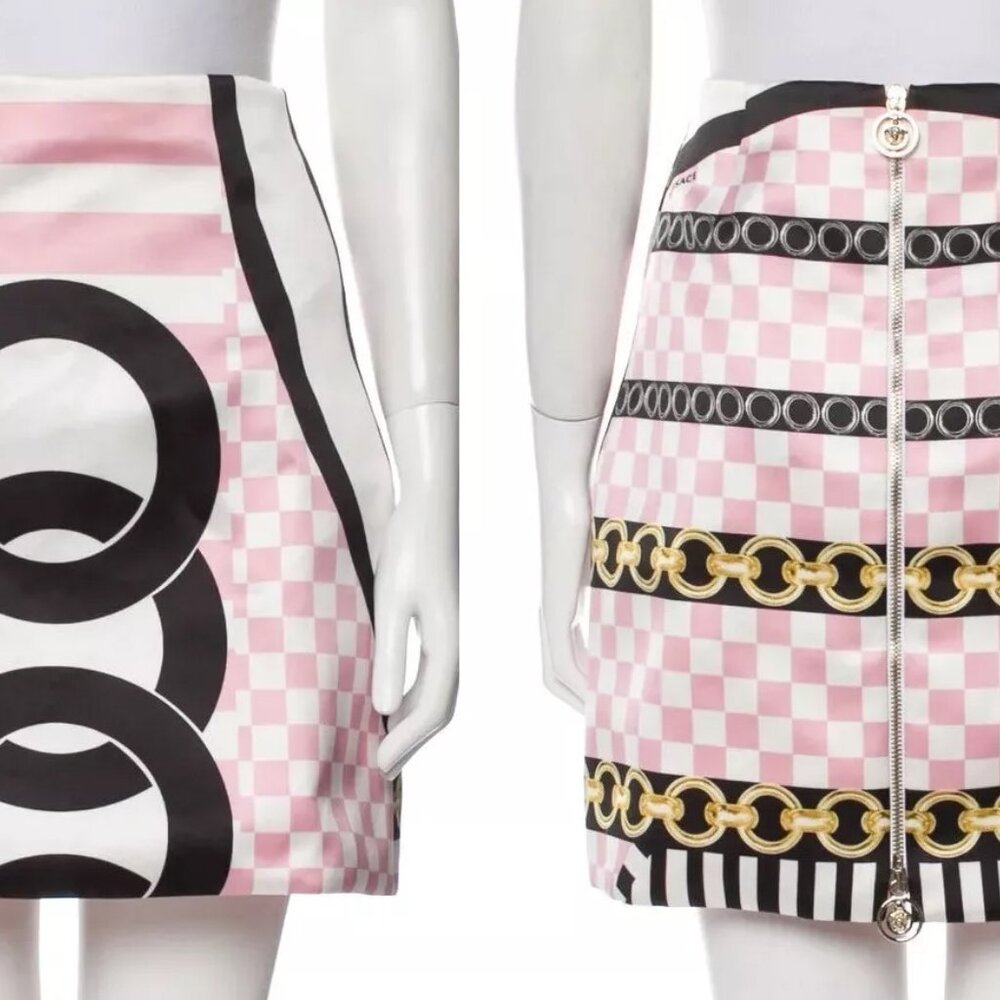 VERSACE WHITE CHAIN PINK GOLD CHECKERED CIRCLE MINI SKIRT USA 4 IT40 GOLD CHARM